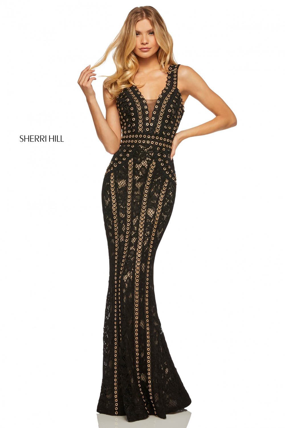 Sherri Hill 52611 dress images in these colors: Ivory Nude, Black.