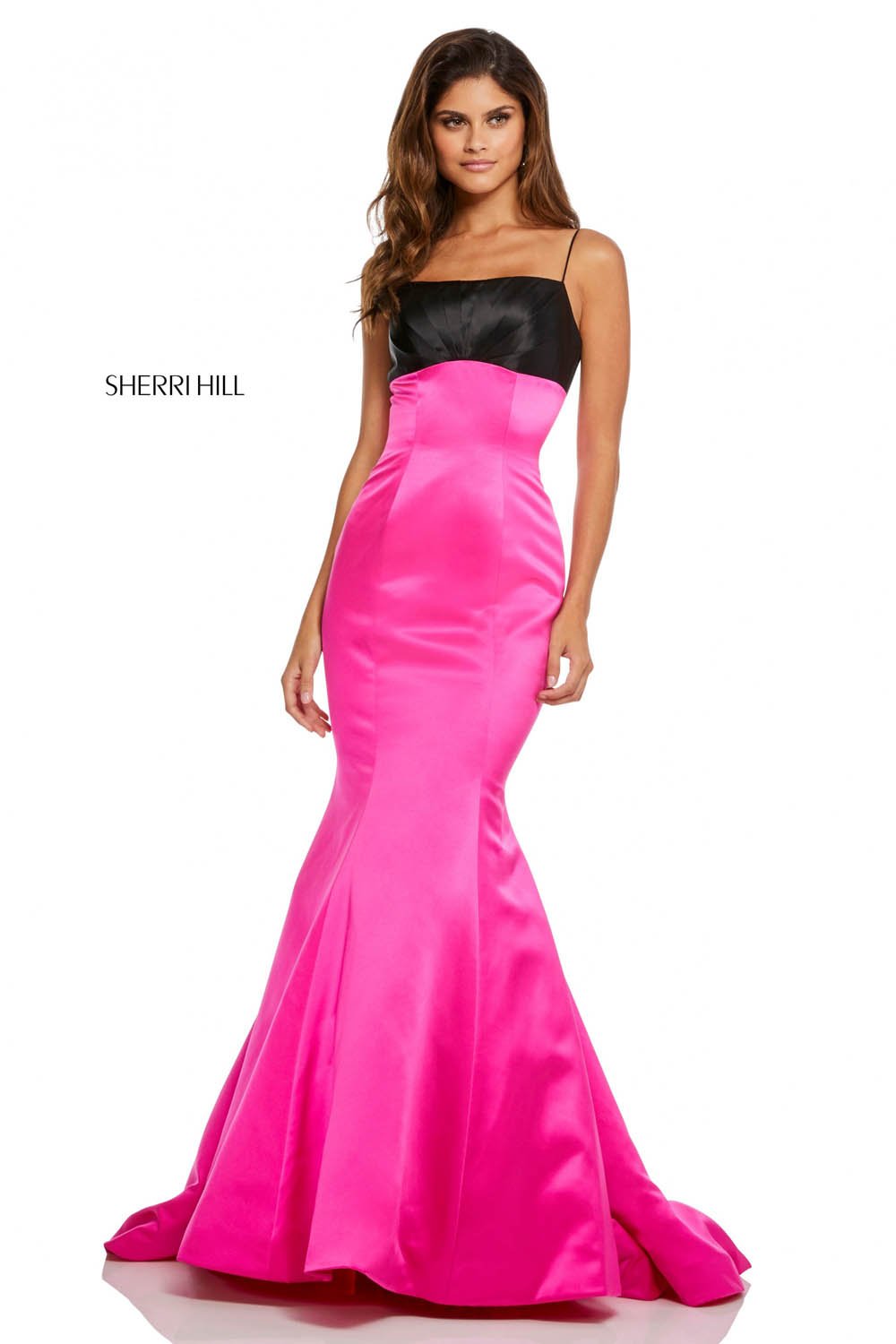 Sherri Hill 52615 dress images in these colors: Black Fuchsia, Ivory Black, Blush Navy, Fuchsia Red, Light Blue Mocha, Ivory, Red, Emerald.