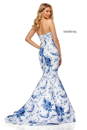 Sherri Hill 52618 dress images in these colors: Ivory Blue Print.