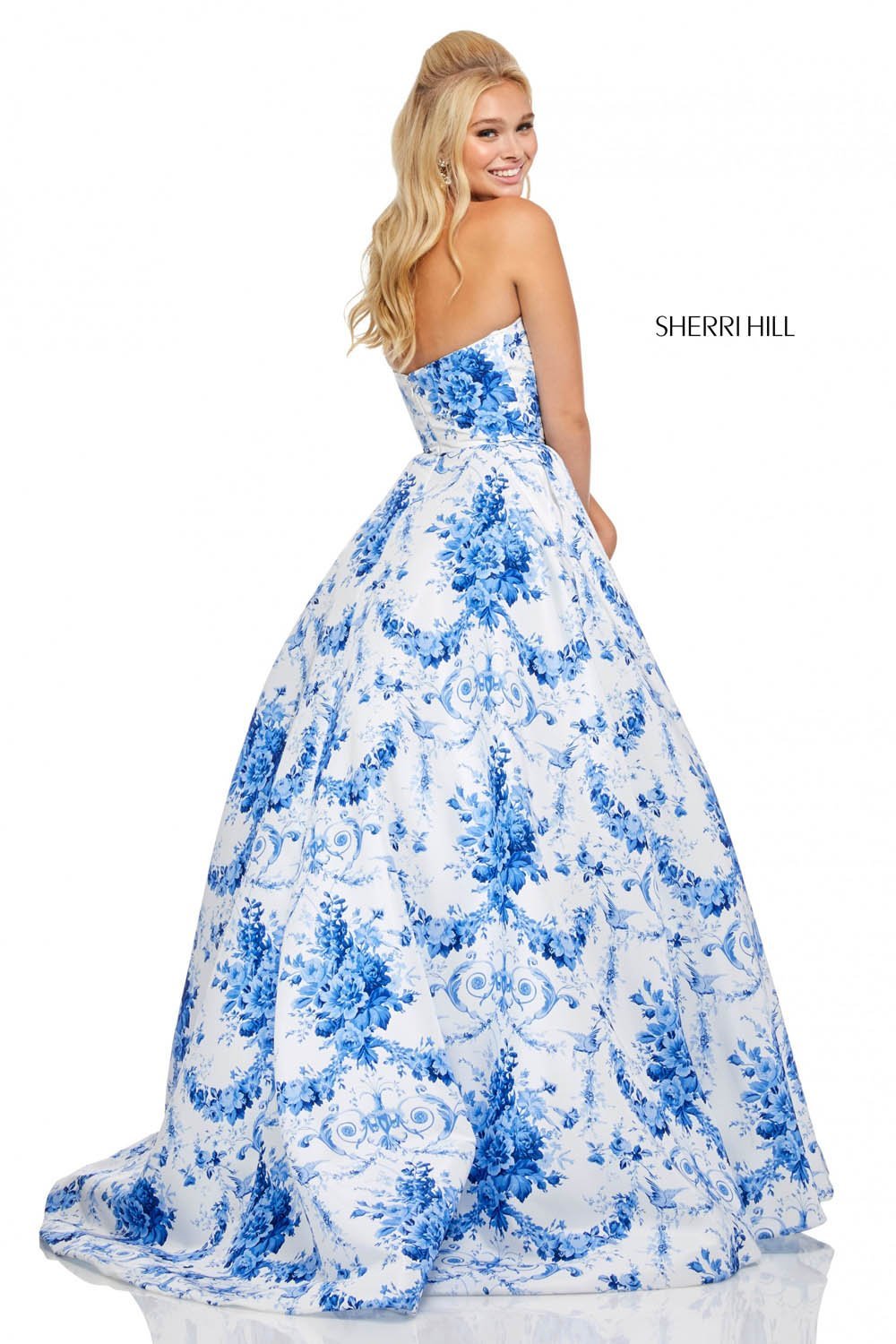 Sherri Hill 52620 dress images in these colors: Ivory Blue Print.