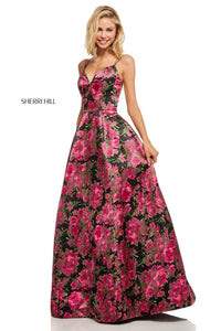 Sherri Hill 52627 dress images in these colors: Black Print, Ivory Print.