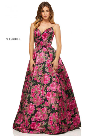 Sherri Hill 52627 dress images in these colors: Black Print, Ivory Print.