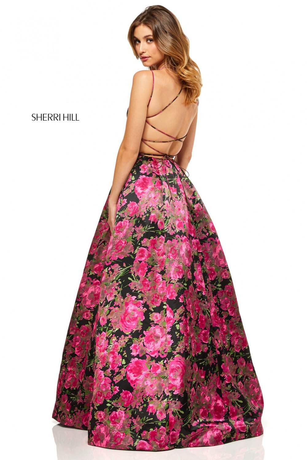 Sherri Hill 52627 dress images in these colors: Black Print, Ivory Print.