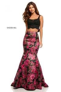 Sherri Hill 52628 dress images in these colors: Black Print, Ivory Print.