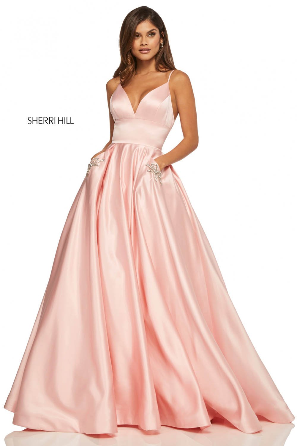 Sherri Hill 52629 dress images in these colors: Red, Dark Coral, Light Blue, Blush, Ivory, Orange, Emerald, Yellow, Royal, Bright Pink, Navy, Black.