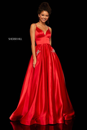 Sherri Hill 52629 dress images in these colors: Red, Dark Coral, Light Blue, Blush, Ivory, Orange, Emerald, Yellow, Royal, Bright Pink, Navy, Black.
