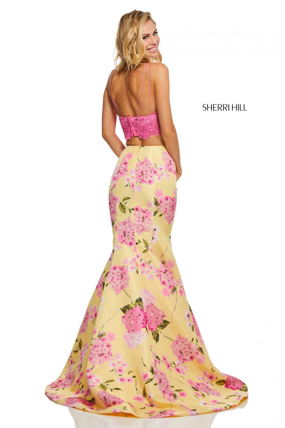 Sherri Hill 52635 dress images in these colors: Candy Pink Yellow, Lilac Ivory, Light Blue Light Yellow Print, Lilac Light Blue Print, Candy Pink Ivory Print.