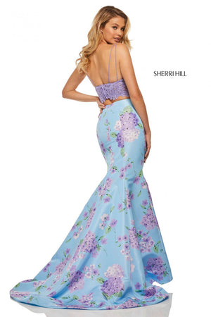 Sherri Hill 52635 dress images in these colors: Candy Pink Yellow, Lilac Ivory, Light Blue Light Yellow Print, Lilac Light Blue Print, Candy Pink Ivory Print.