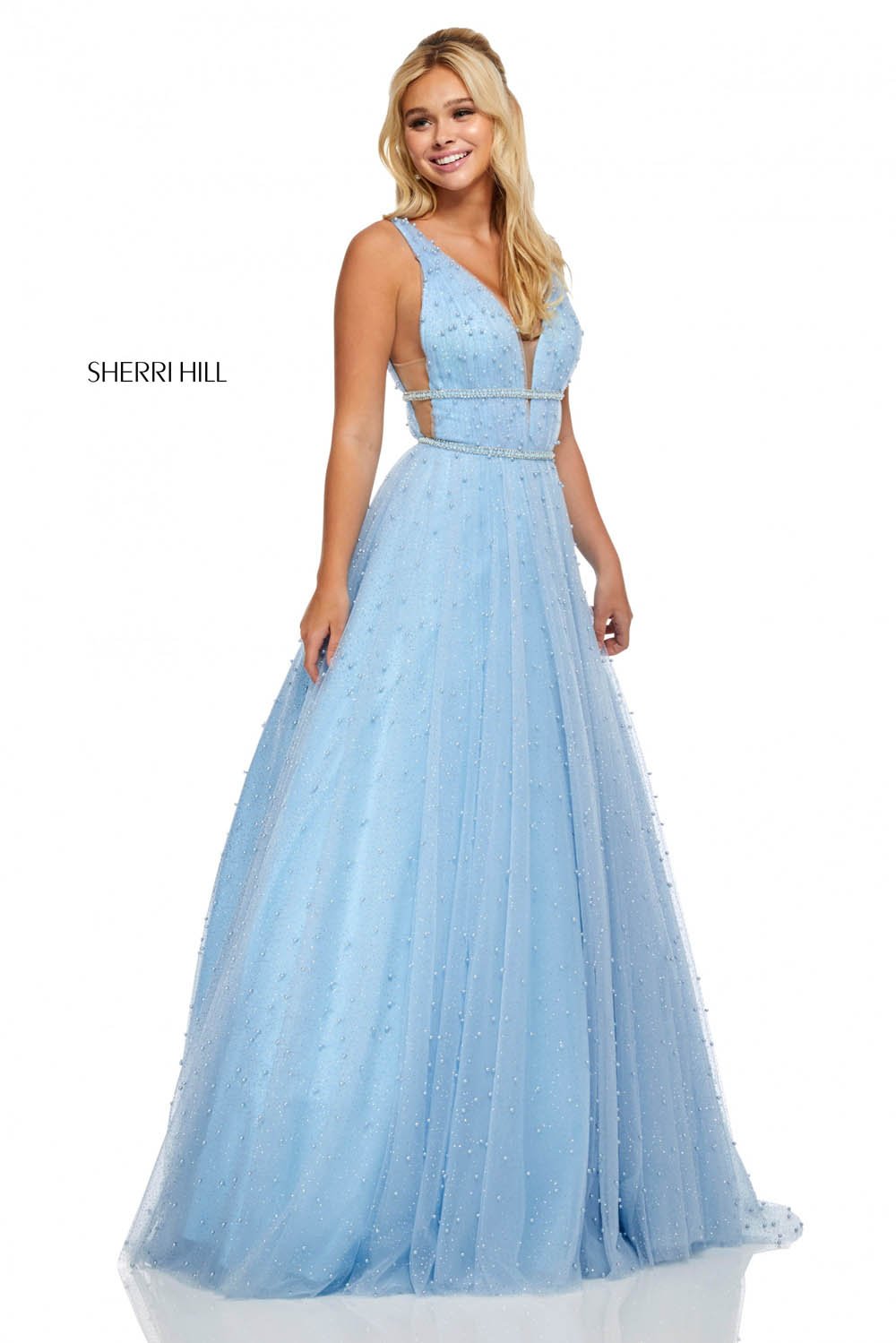 Sherri Hill 52640 dress images in these colors: Champagne, Blush, Light Blue, Lilac.