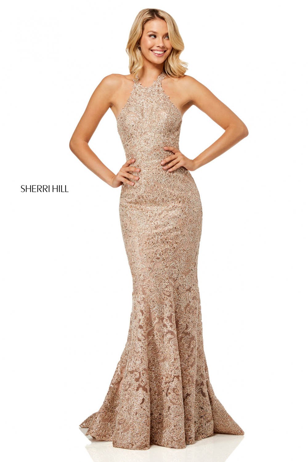 Sherri Hill 52644 dress images in these colors: Light Blue, Rose Gold, Gold.
