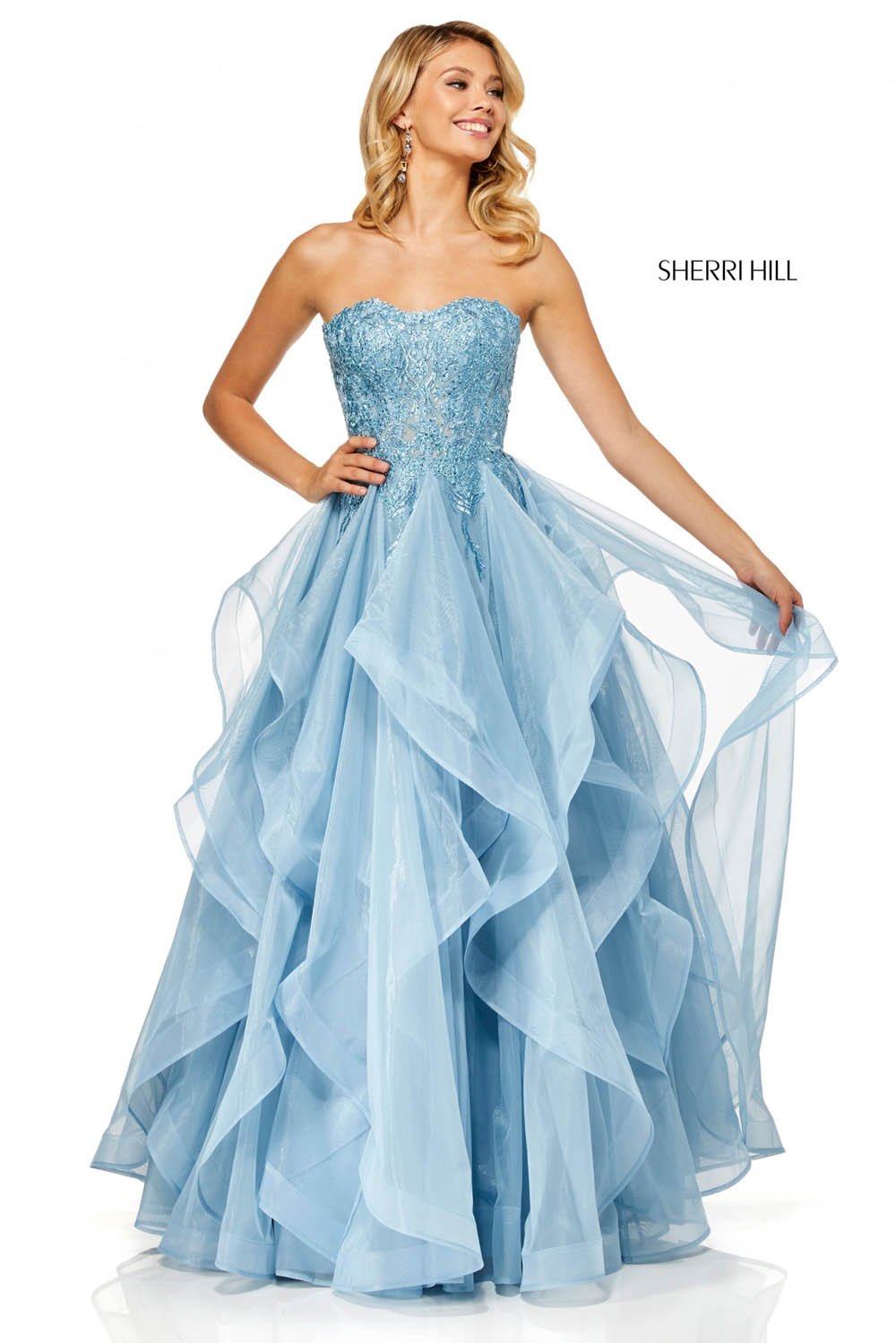 Sherri Hill 52645 dress images in these colors: Light Blue, Wine, Navy, Lilac, Rose Gold.