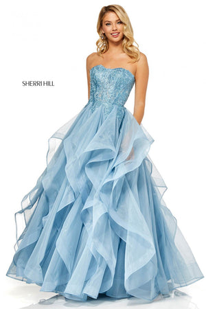 Sherri Hill 52645 dress images in these colors: Light Blue, Wine, Navy, Lilac, Rose Gold.