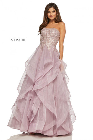 Sherri Hill 52645 dress images in these colors: Light Blue, Wine, Navy, Lilac, Rose Gold.