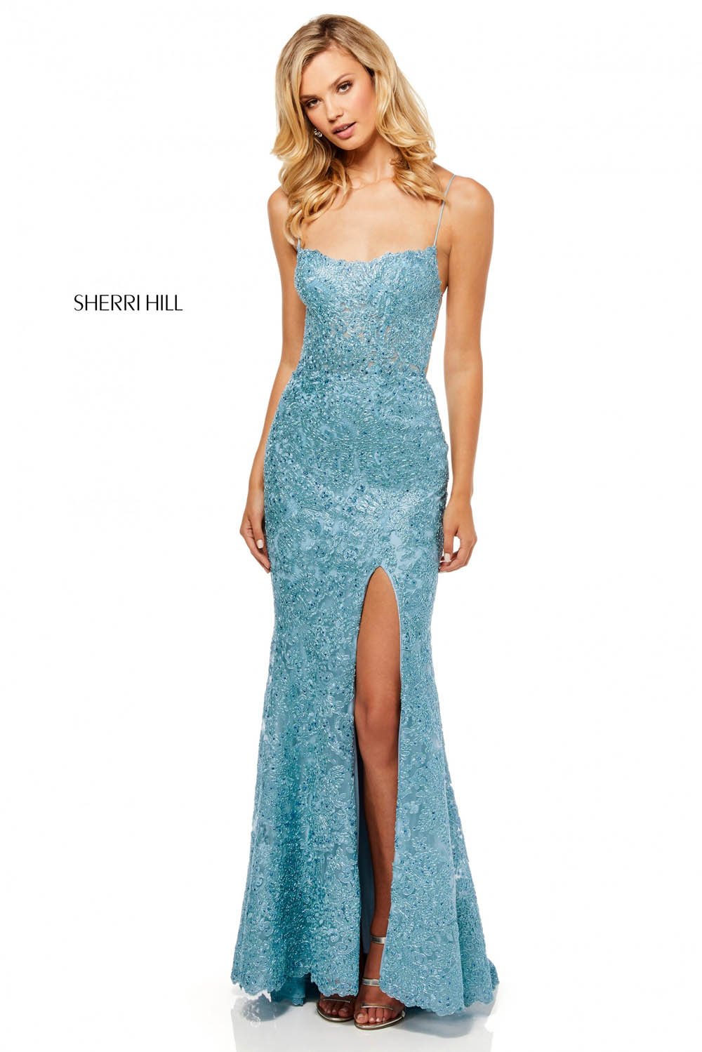 Sherri Hill 52647 dress images in these colors: Light Blue, Rose Gold, Ivory, Wine, Black.