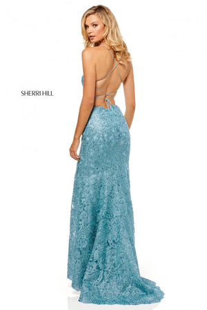 Sherri Hill 52647 dress images in these colors: Light Blue, Rose Gold, Ivory, Wine, Black.