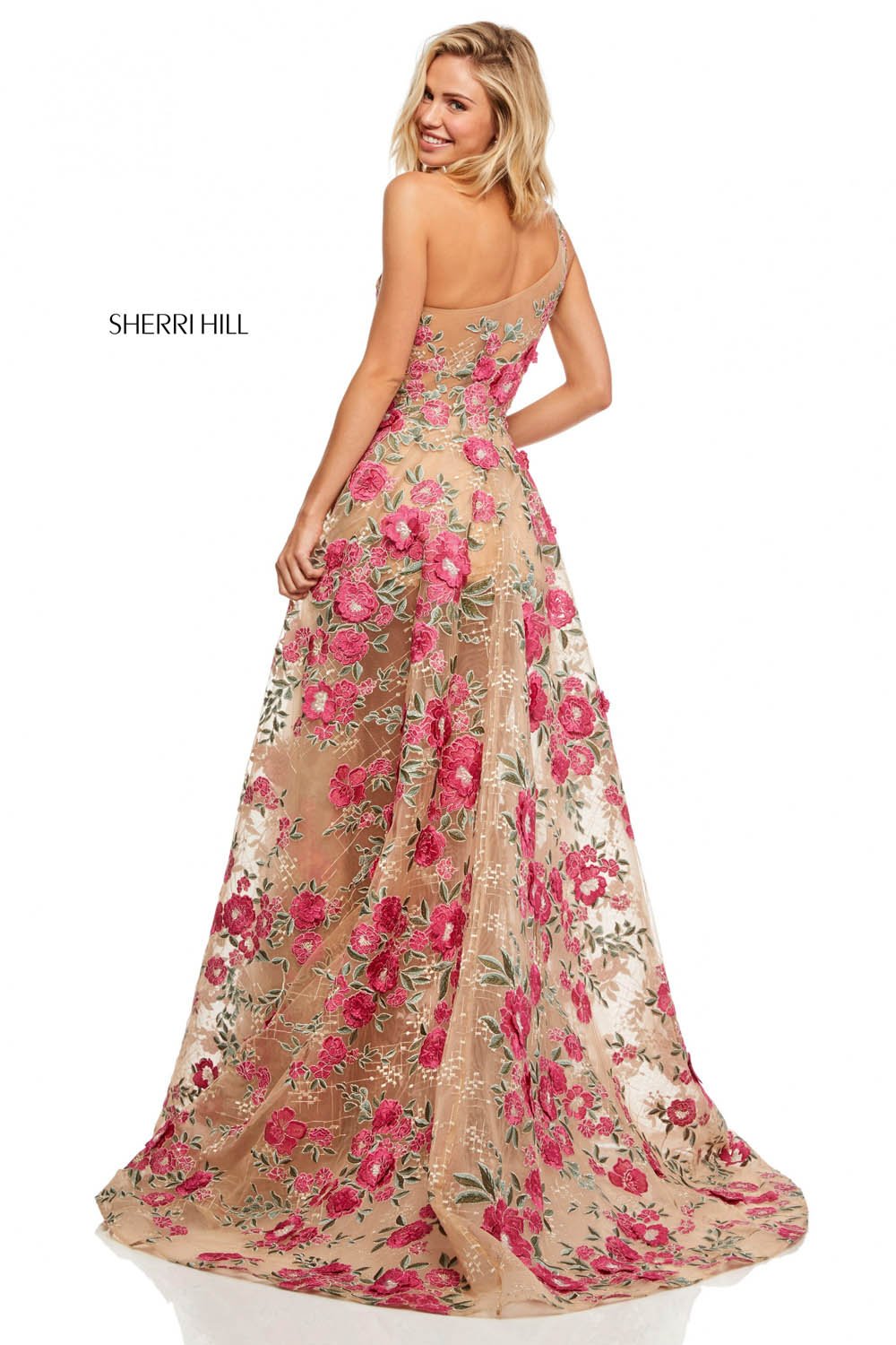 Sherri Hill 52658 dress images in these colors: Nude Fuchsia.