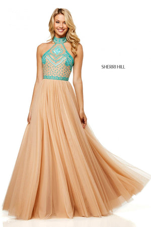 Sherri Hill 52662 dress images in these colors: Ivory Blue, Ivory Coral, Ivory Aqua, Nude Blue, Nude Aqua, Nude Coral.
