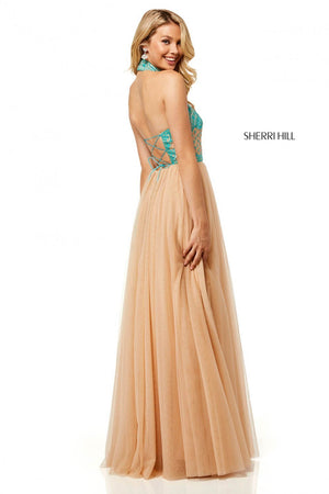 Sherri Hill 52662 dress images in these colors: Ivory Blue, Ivory Coral, Ivory Aqua, Nude Blue, Nude Aqua, Nude Coral.
