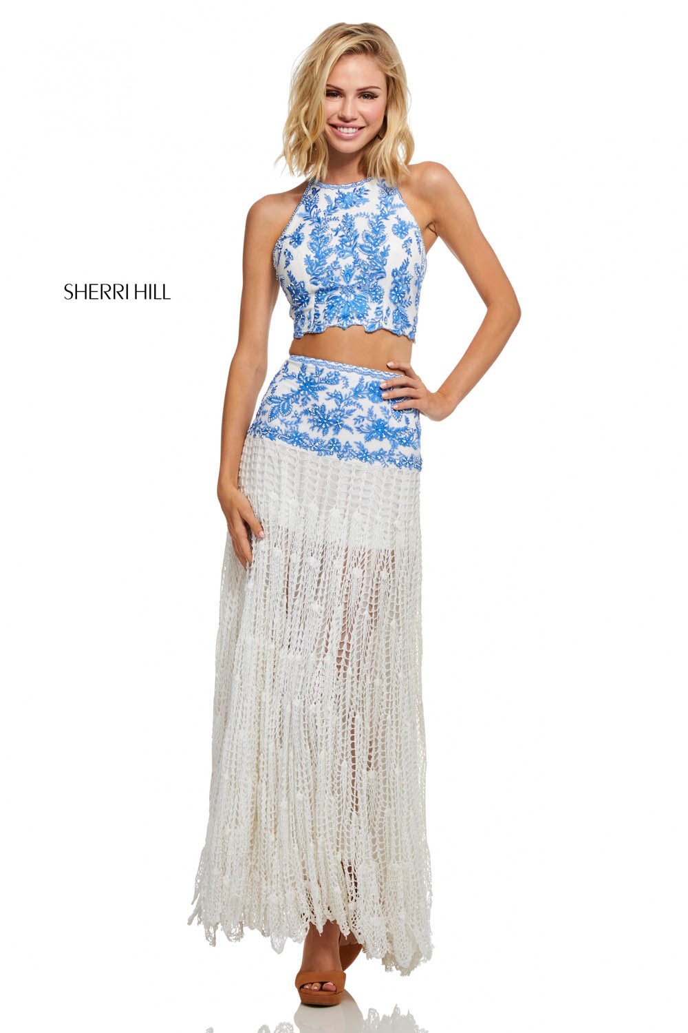 Sherri Hill 52671 dress images in these colors: Ivory, Ivory Blue, Black.