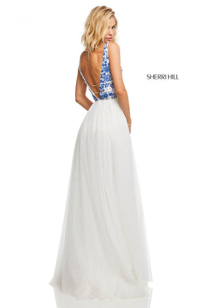 Sherri Hill 52672 dress images in these colors: Ivory Coral, Ivory Aqua, Ivory Blue, Nude Aqua, Nude Coral, Nude Blue.