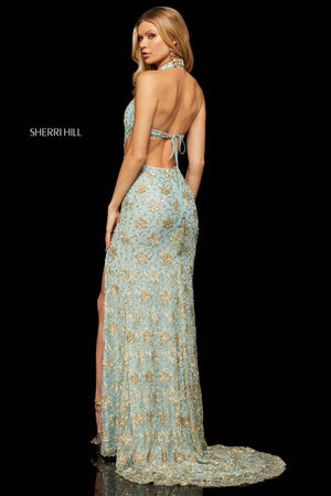 Sherri Hill 52683 dress images in these colors: Light Blue Gold.