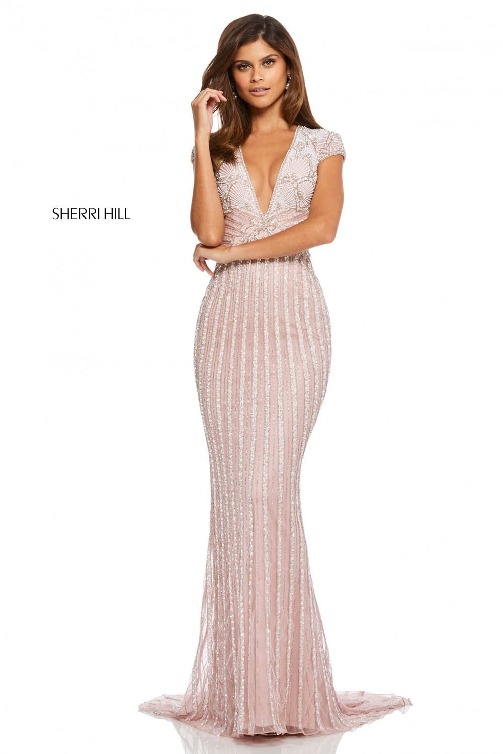 Sherri Hill 52685 dress images in these colors: Pink Silver Ivory, Light Blue Silver, Ivory Silver, Nude Silver.