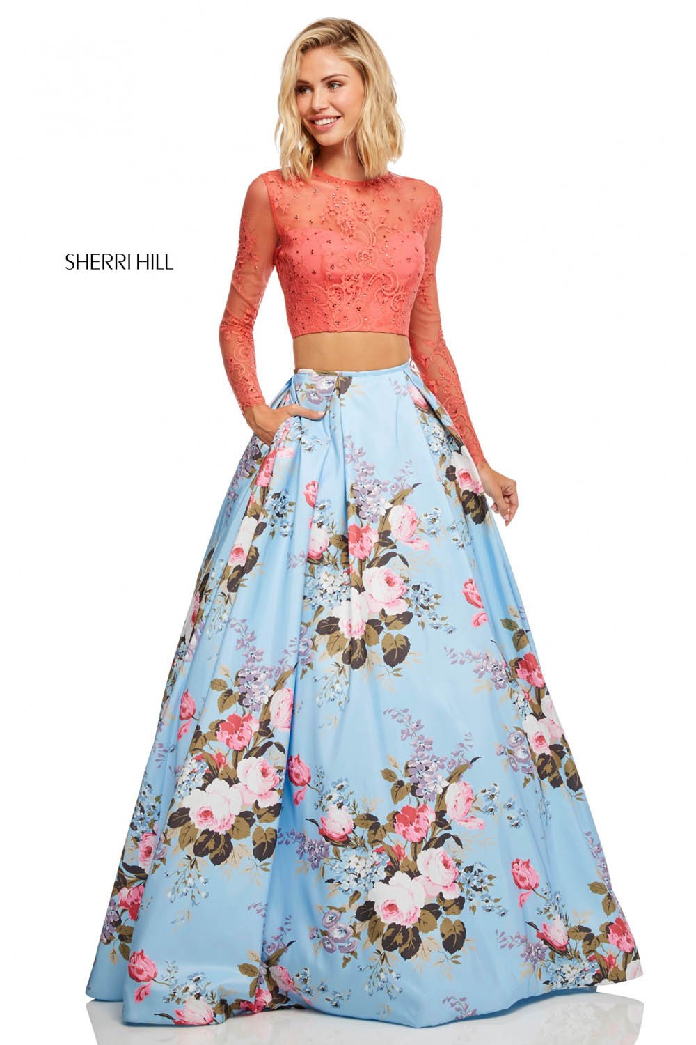 Sherri Hill 52717 dress images in these colors: Coral Blue Print, Coral Yellow Print, Coral Ivory Print.