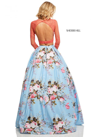 Sherri Hill 52717 dress images in these colors: Coral Blue Print, Coral Yellow Print, Coral Ivory Print.