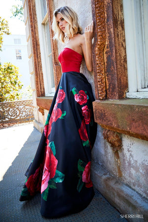 Sherri Hill 52722 dress images in these colors: Black Red Print, Ivory Red Print, Black Print.