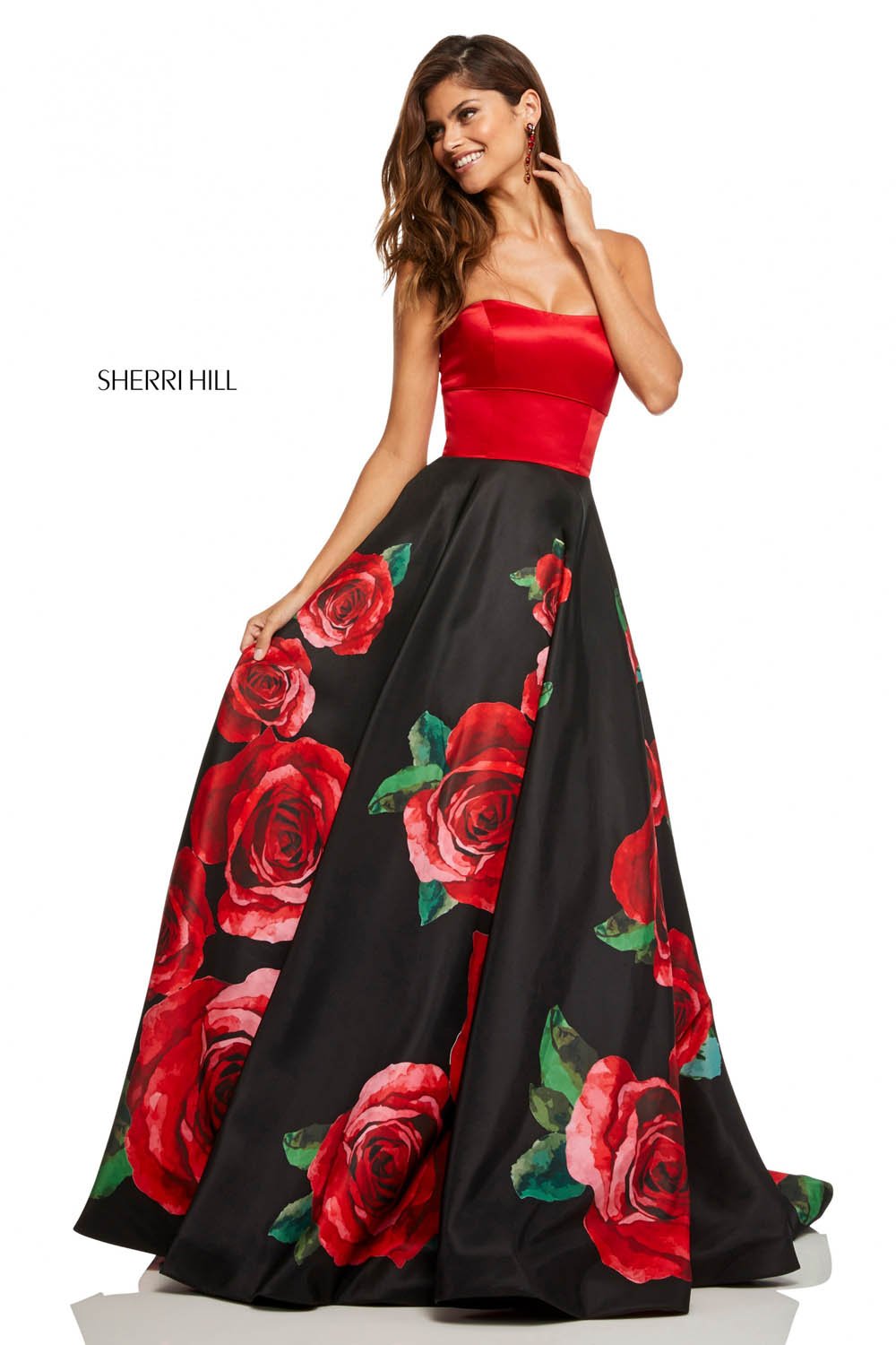 Sherri Hill 52722 dress images in these colors: Black Red Print, Ivory Red Print, Black Print.
