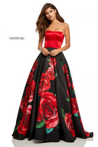 Sherri Hill 52722 dress images in these colors: Black Red Print, Ivory Red Print, Black Print.