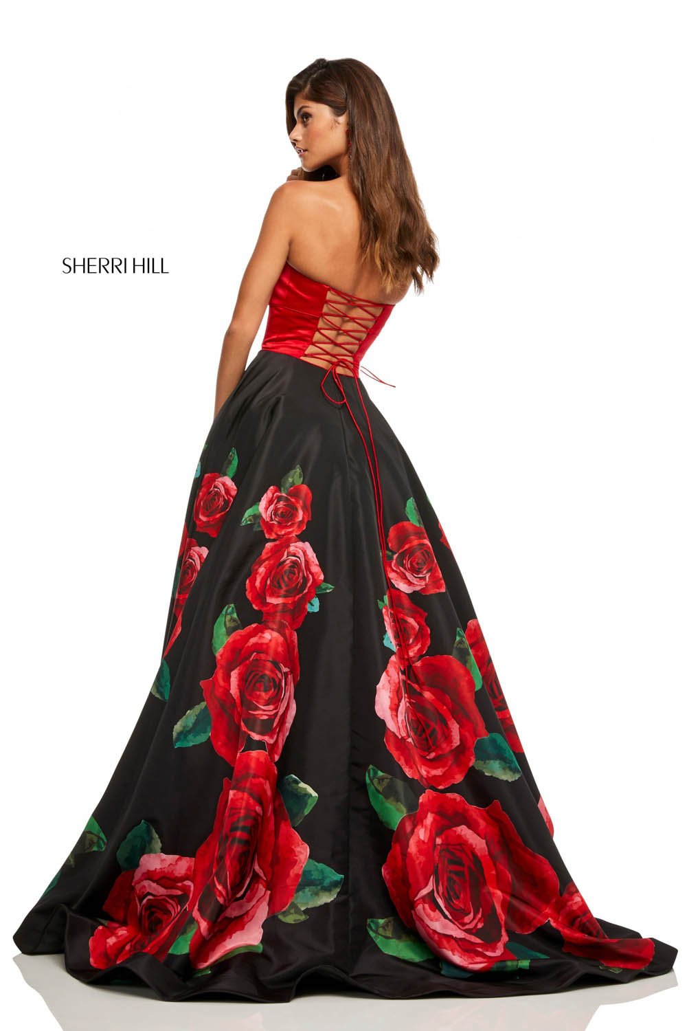 Sherri Hill 52722 dress images in these colors: Black Red Print, Ivory Red Print, Black Print.