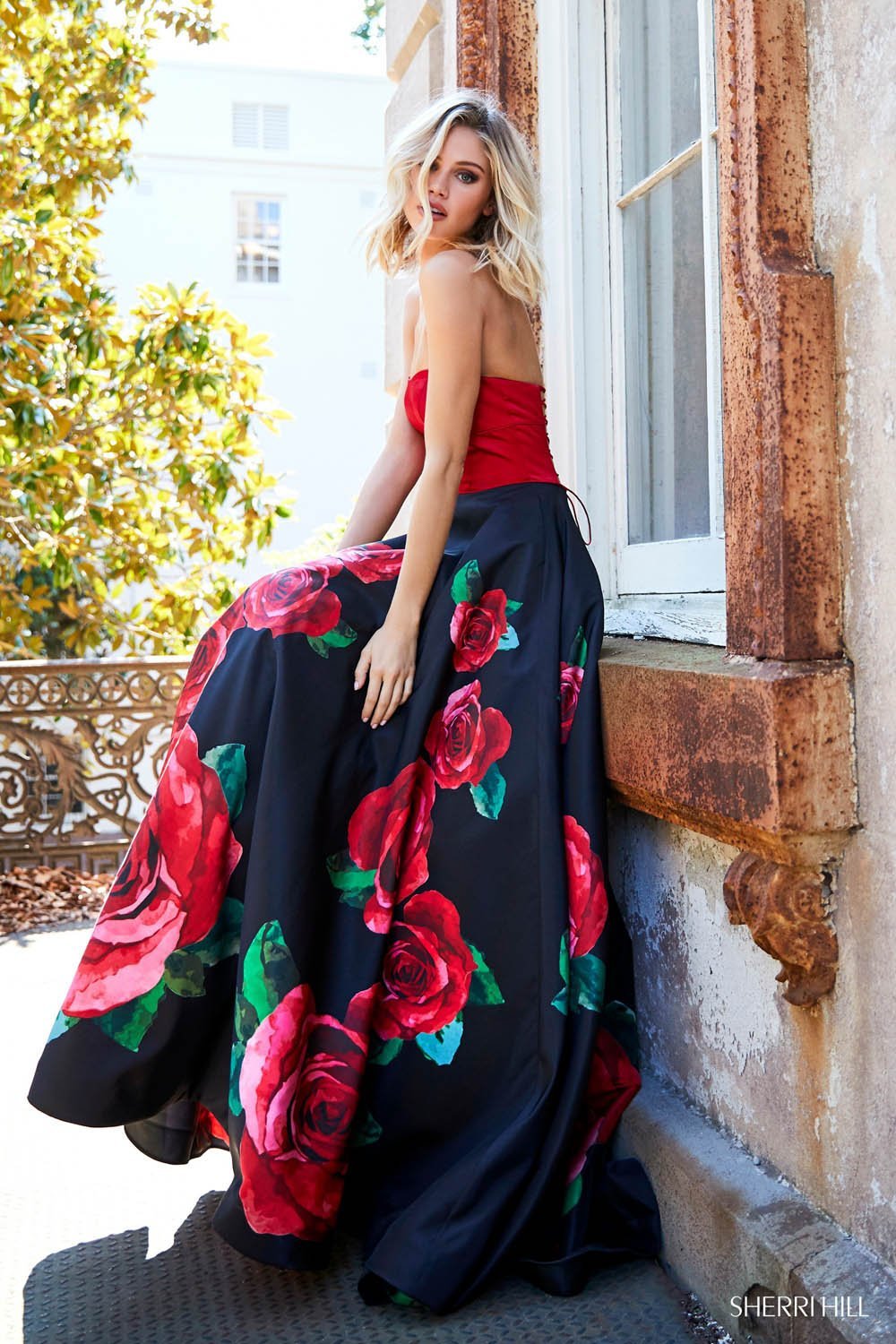 Sherri Hill 52722 dress images in these colors: Black Red Print, Ivory Red Print, Black Print.