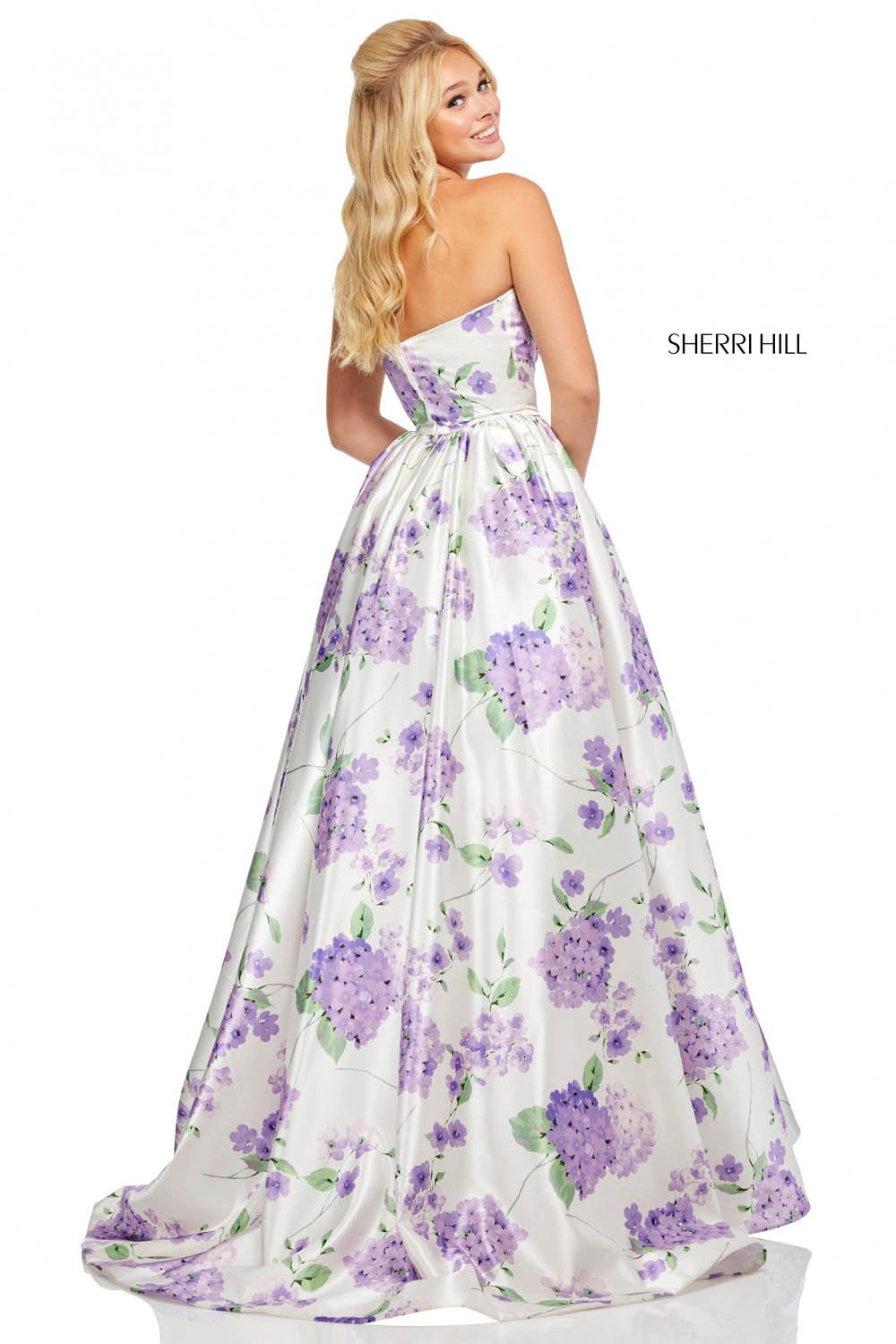 Sherri Hill 52723 dress images in these colors: Ivory Lilac Print, Ivory Pink Print.