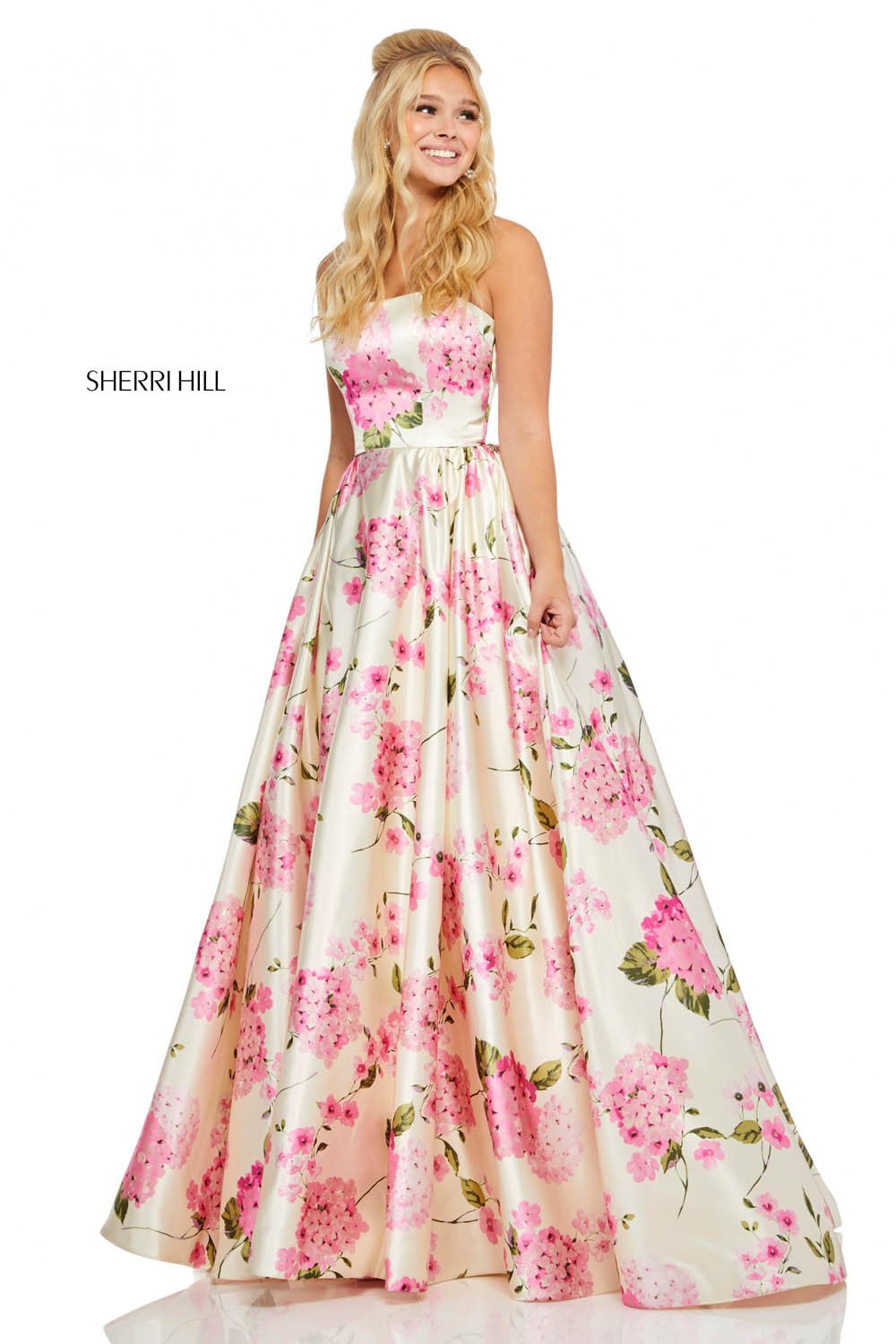 Sherri Hill 52723 dress images in these colors: Ivory Lilac Print, Ivory Pink Print.