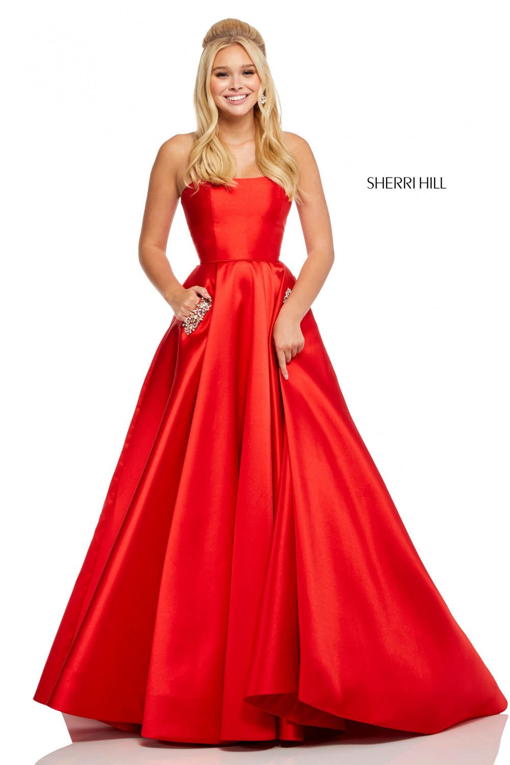 Sherri Hill 52724 dress images in these colors: Black, Light Blue, Yellow, Red, Lilac, Navy.
