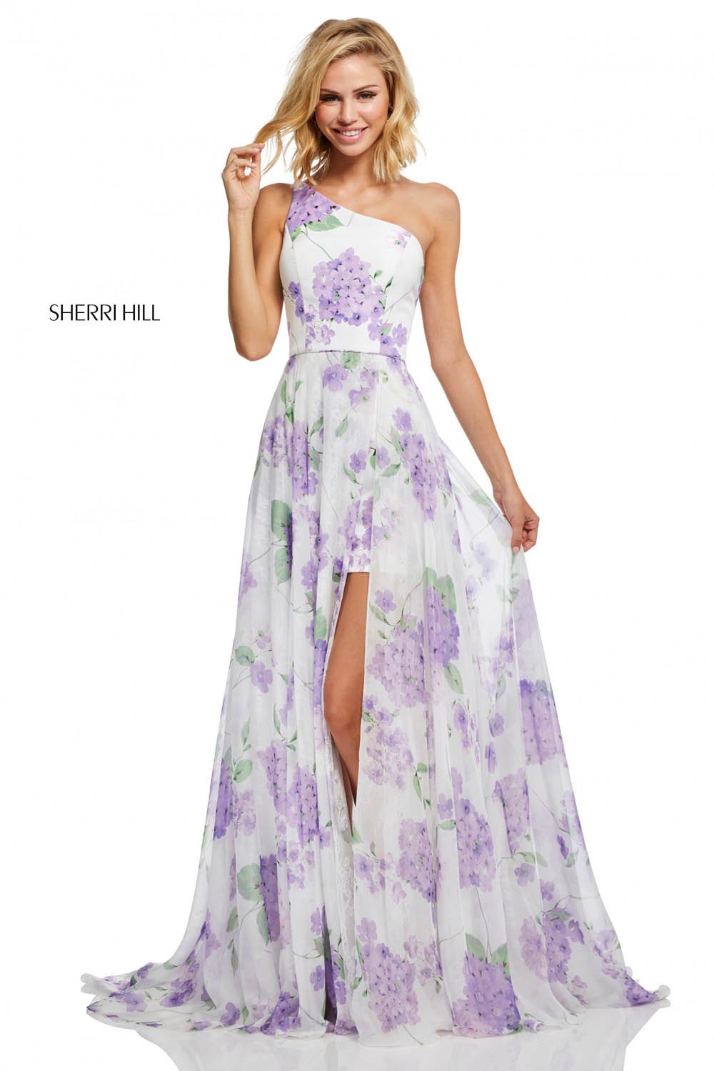 Sherri Hill 52727 dress images in these colors: Ivory Lilac Print.