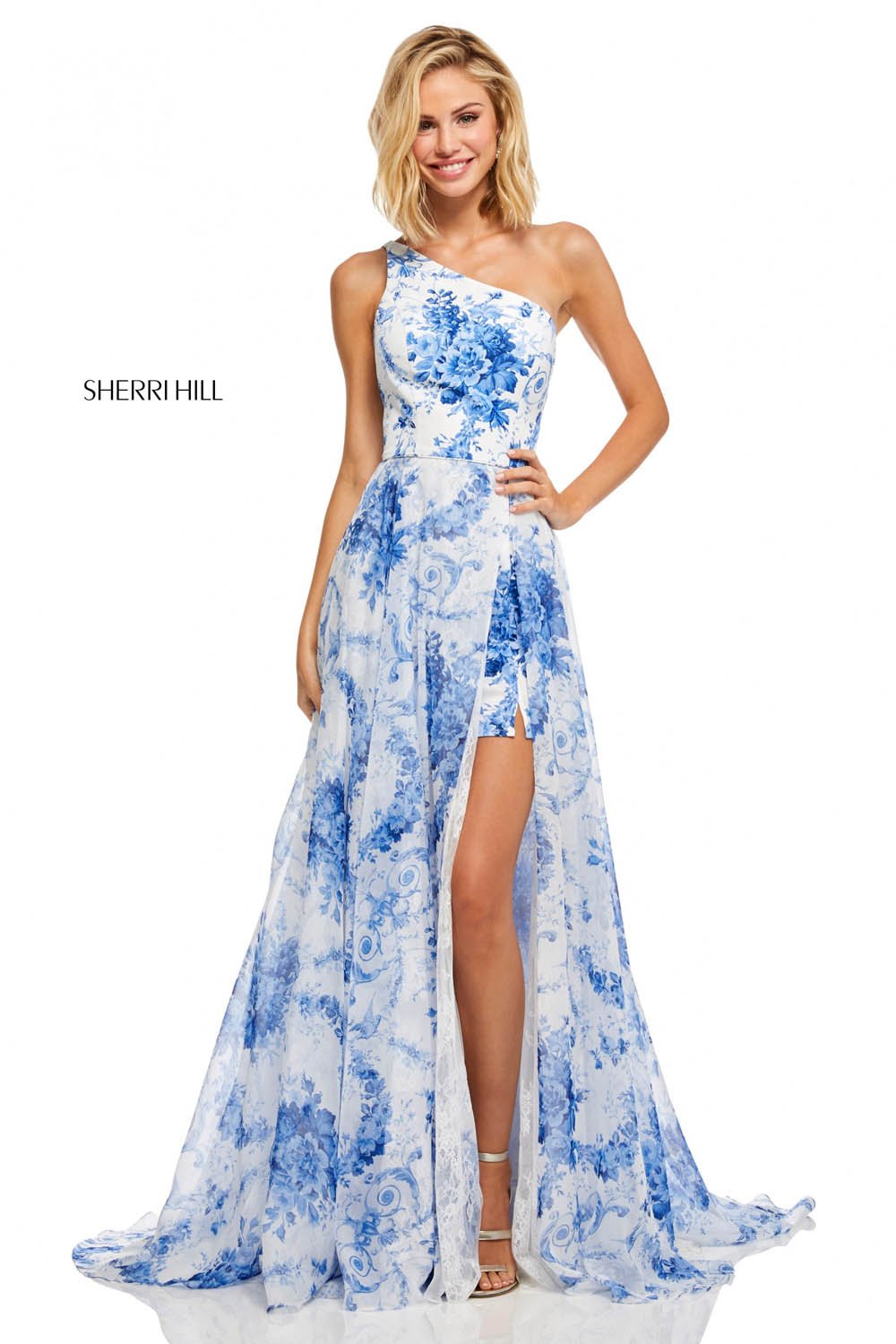 Sherri Hill 52728 dress images in these colors: Ivory Blue Print.