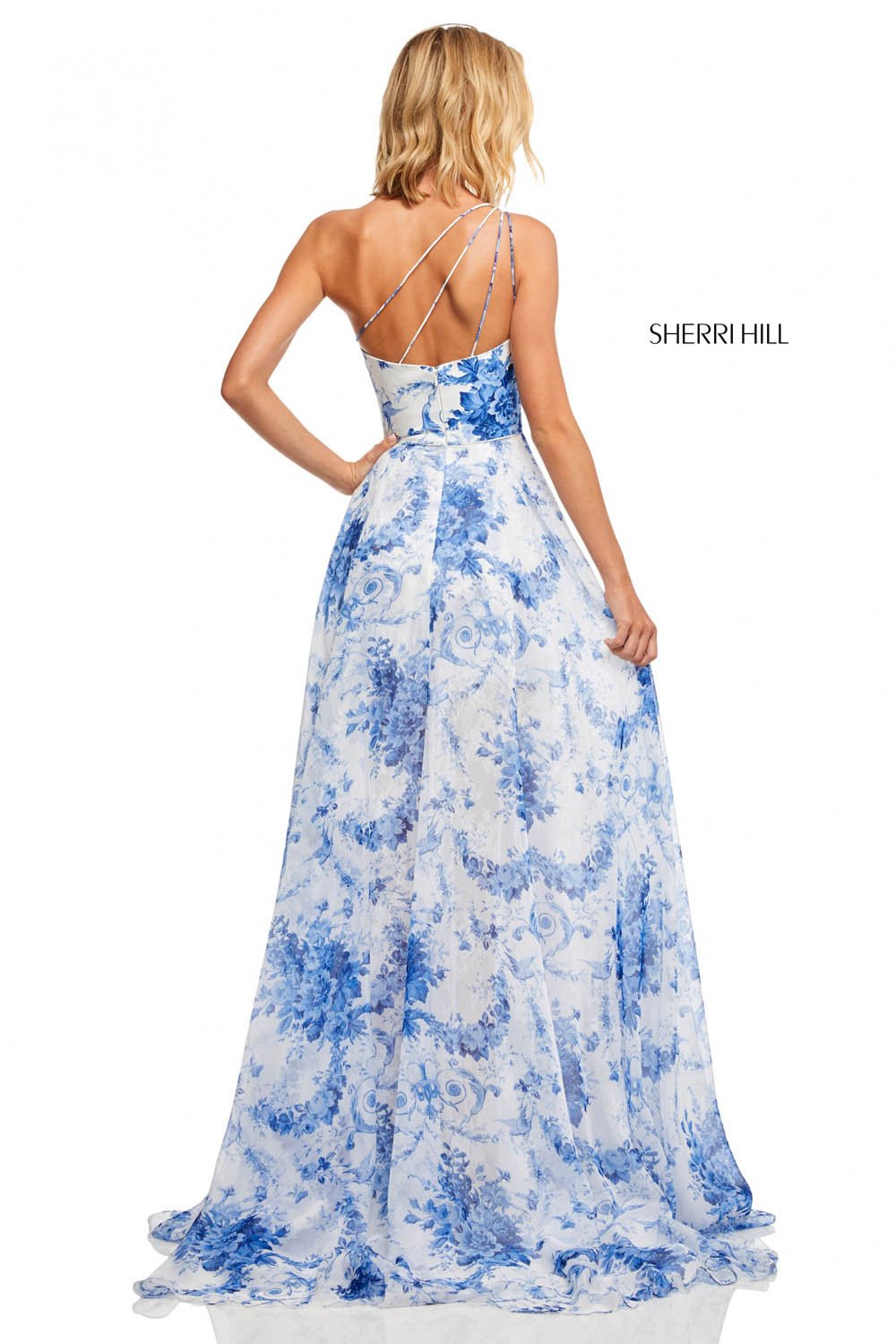 Sherri Hill 52728 dress images in these colors: Ivory Blue Print.