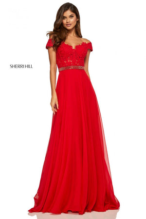 Sherri Hill 52729 dress images in these colors: Red, Yellow, Light Blue, Ivory.