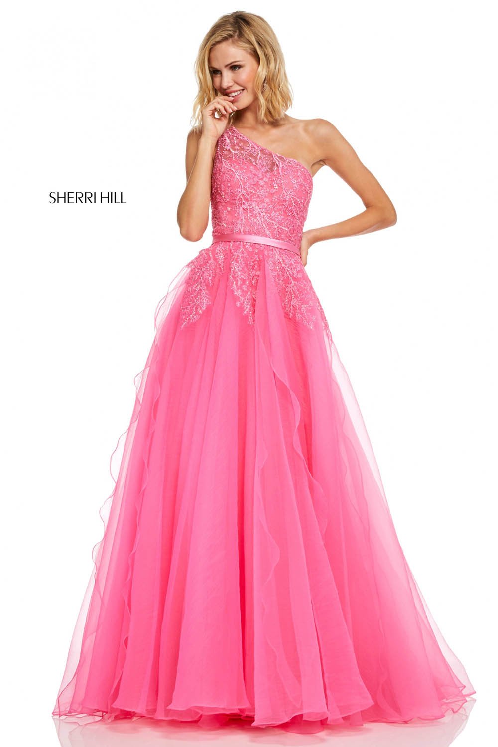 Sherri Hill 52736 dress images in these colors: Ivory, Hot Pink, Yellow, Orange.