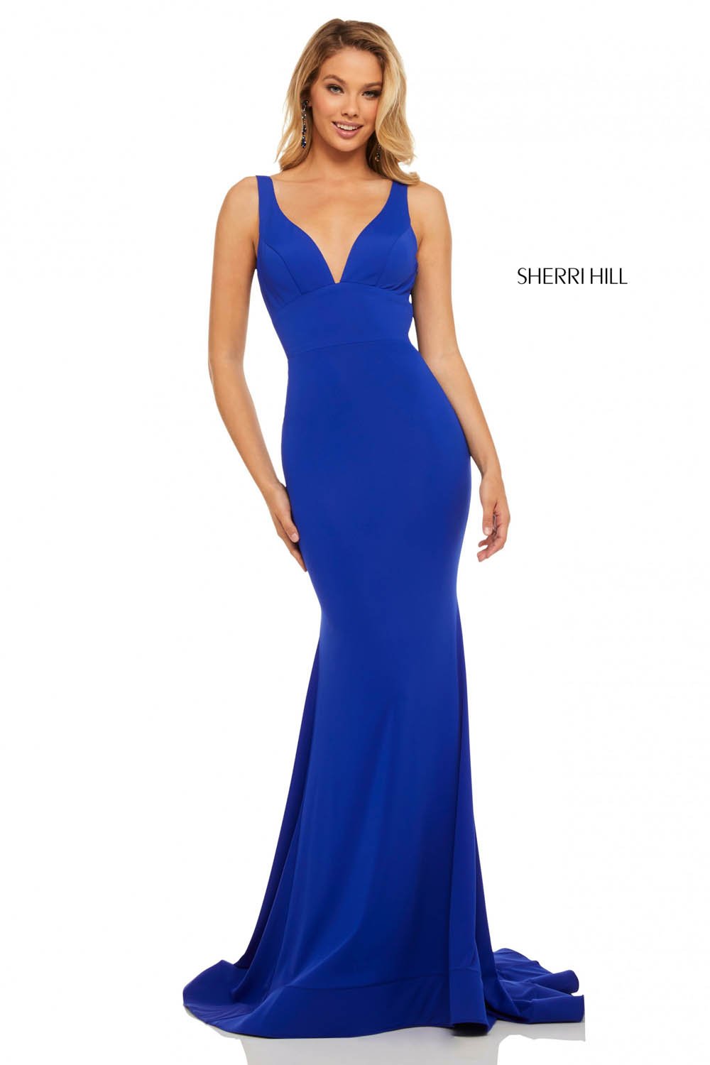 Sherri Hill 52790 dress images in these colors: Purple, Navy, Royal, Yellow, Fuchsia, Black, Emerald.