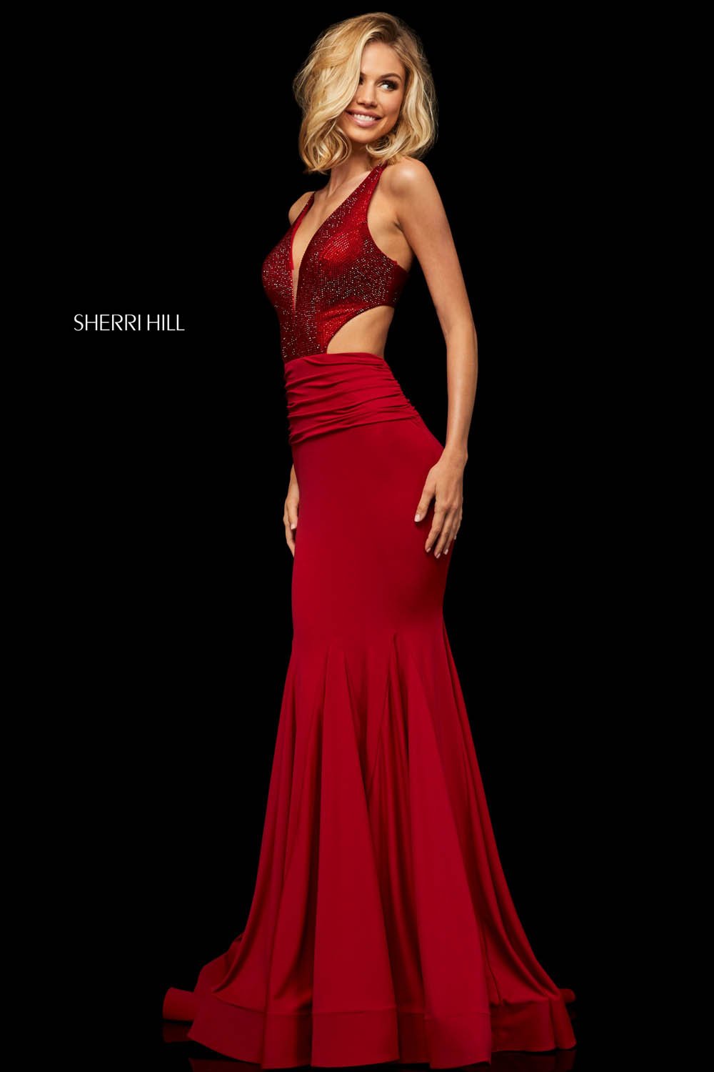 Sherri Hill 52793 dress images in these colors: Red, Purple, Navy.