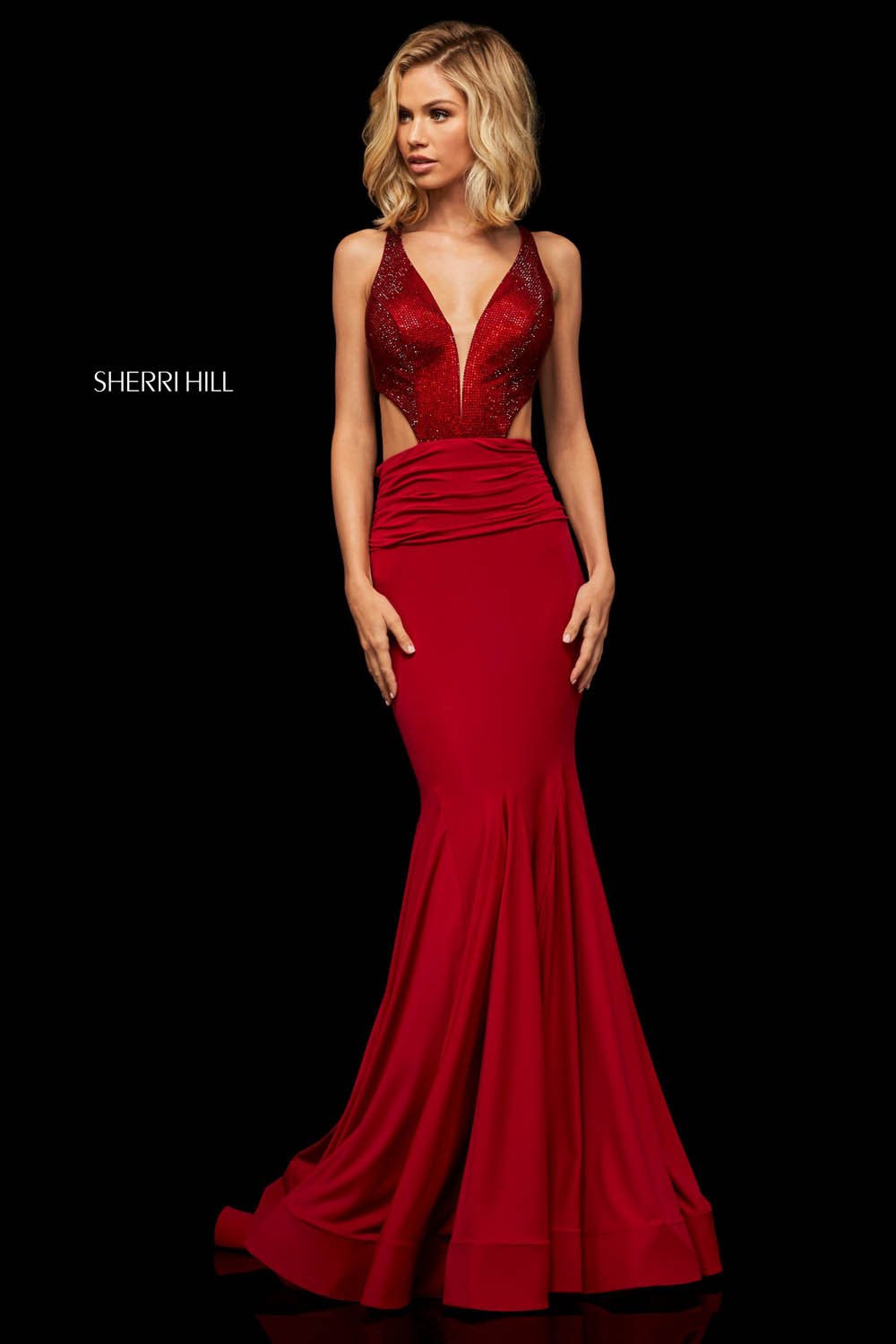 Sherri Hill 52793 dress images in these colors: Red, Purple, Navy.