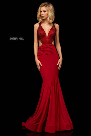 Sherri Hill 52793 dress images in these colors: Red, Purple, Navy.