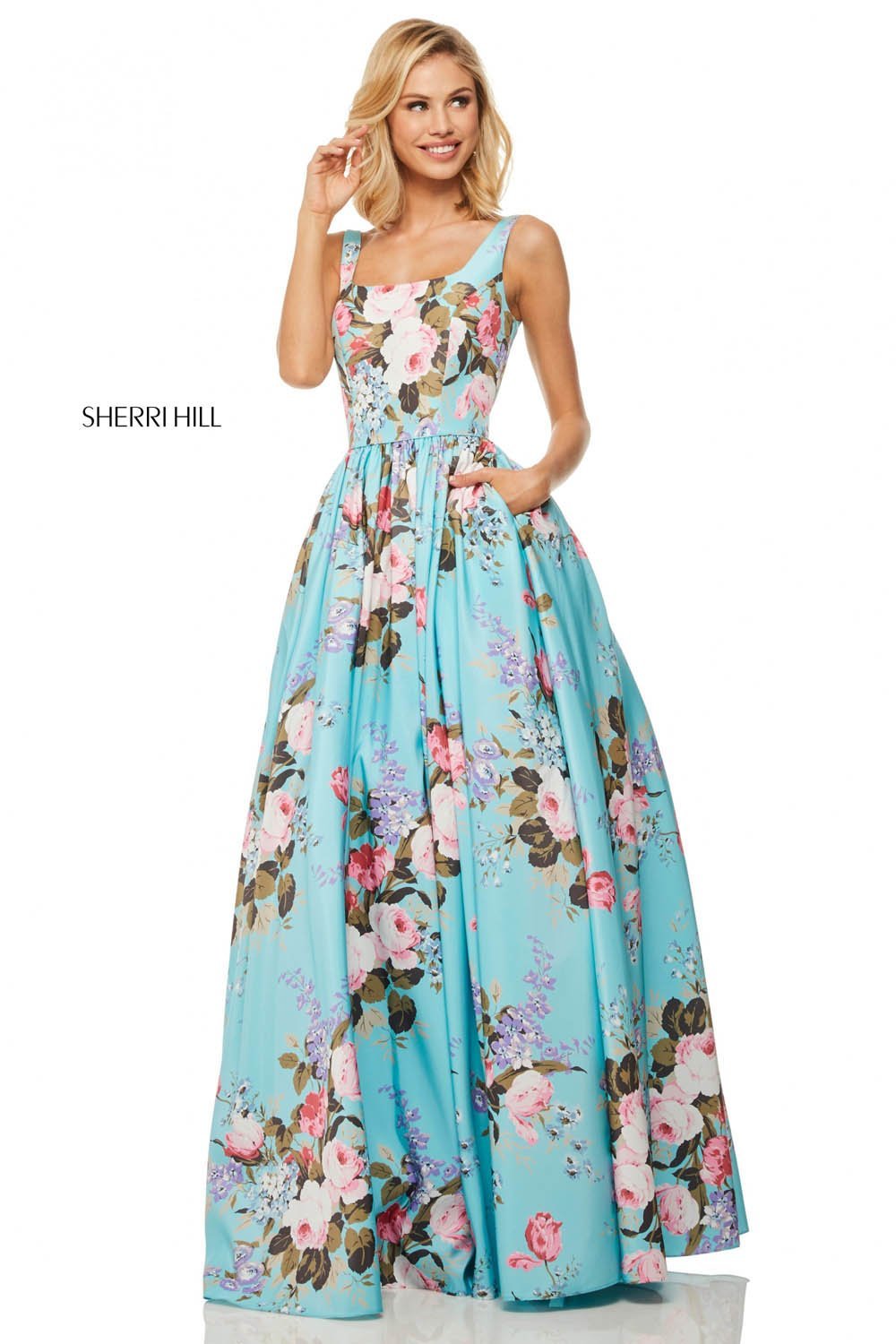 Sherri Hill 52814 dress images in these colors: Yellow Print, Ivory Print, Aqua Print, Lilac Print, Light Blue Print.