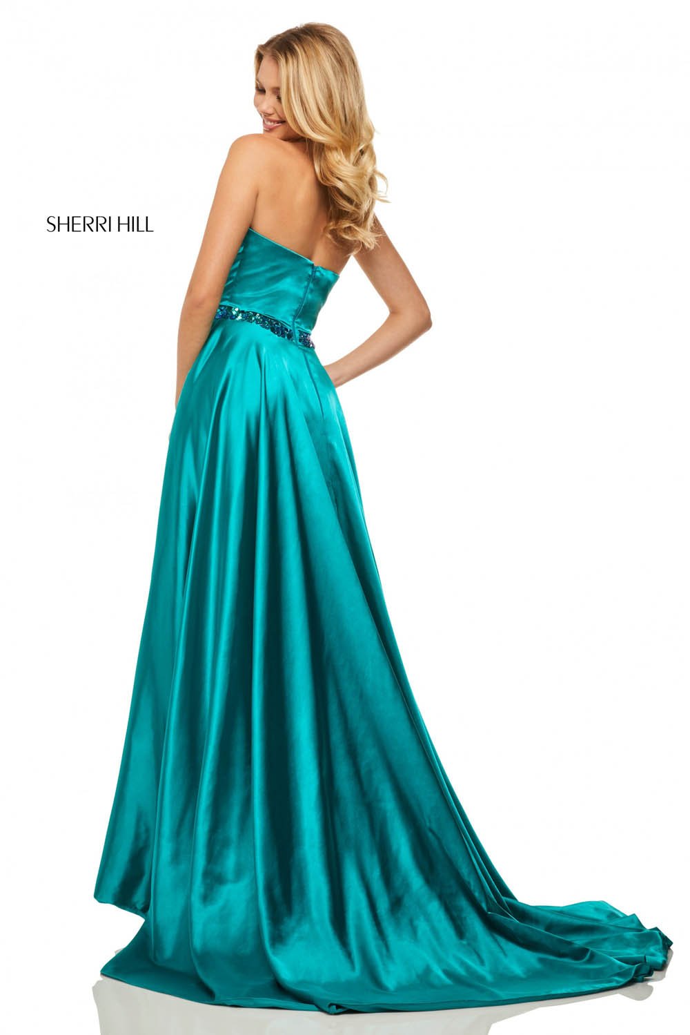 Sherri Hill 52841 dress images in these colors: Purple, Fuchsia, Teal, Turquoise, Emerald, Wine.