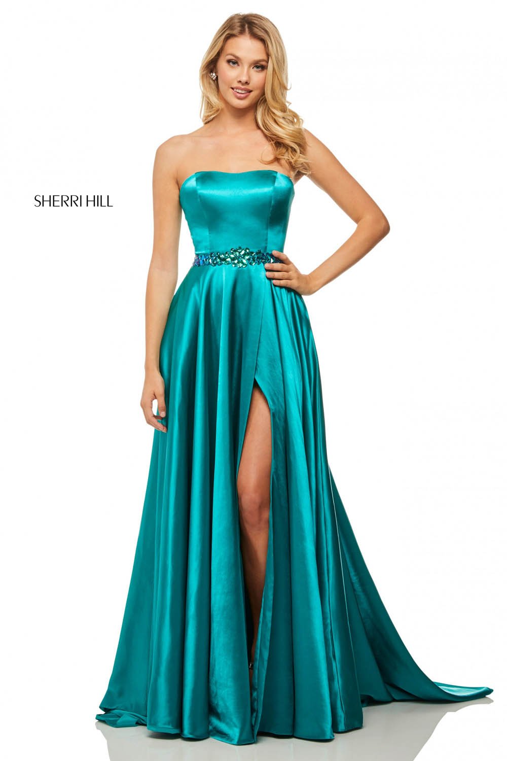 Sherri Hill 52841 dress images in these colors: Purple, Fuchsia, Teal, Turquoise, Emerald, Wine.