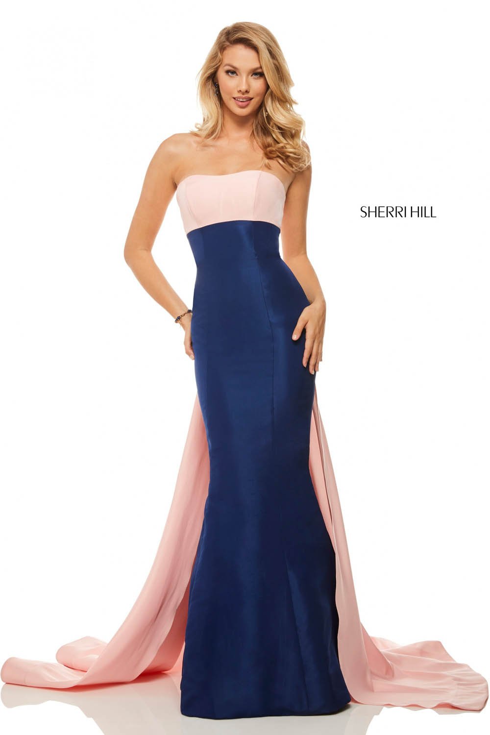 Sherri Hill 52845 dress images in these colors: Black, Light Blue, Ivory, Red, Fuchsia, Orange, Blush Navy.