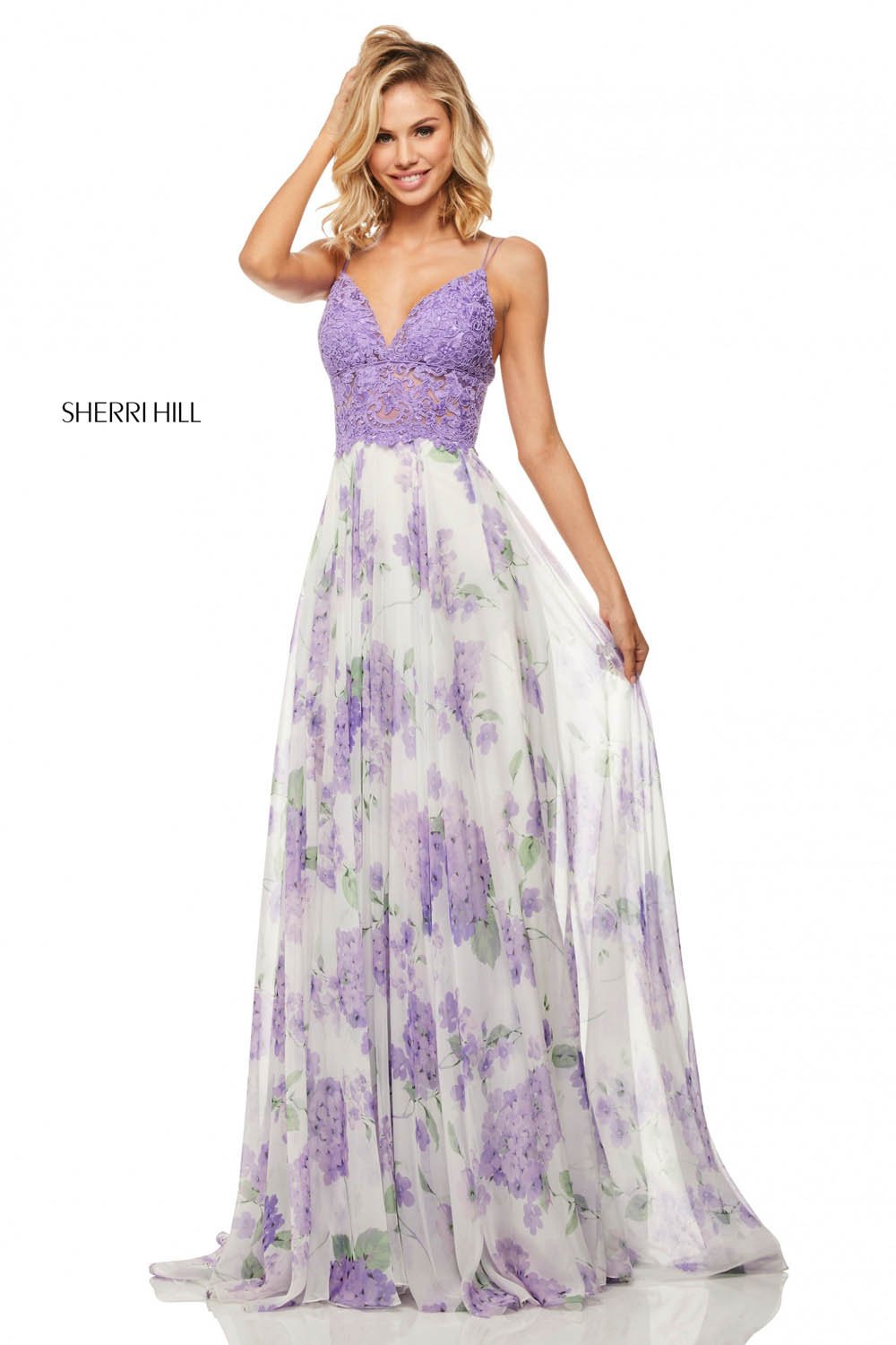 Sherri Hill 52857 dress images in these colors: Light Blue Ivory Print, Pink Ivory Print, Lilac Ivory Print.